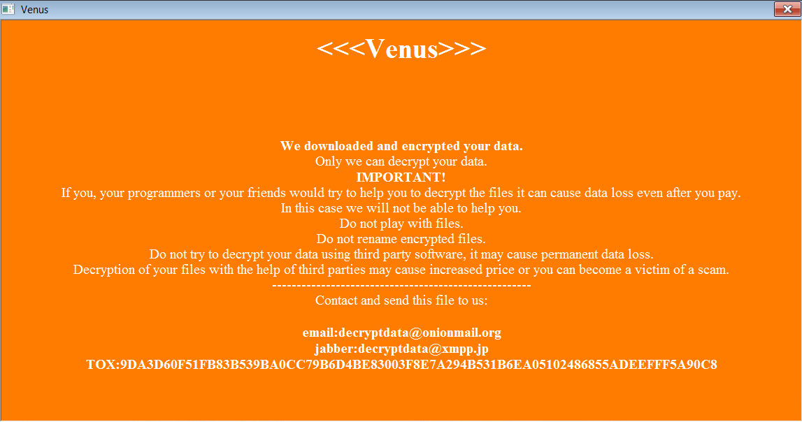 Venus Ransomware ransom note