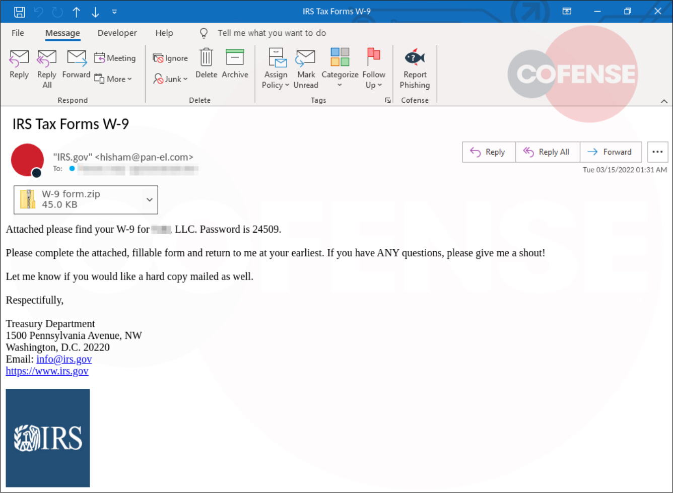 Phishing email pretending to be from the IRS