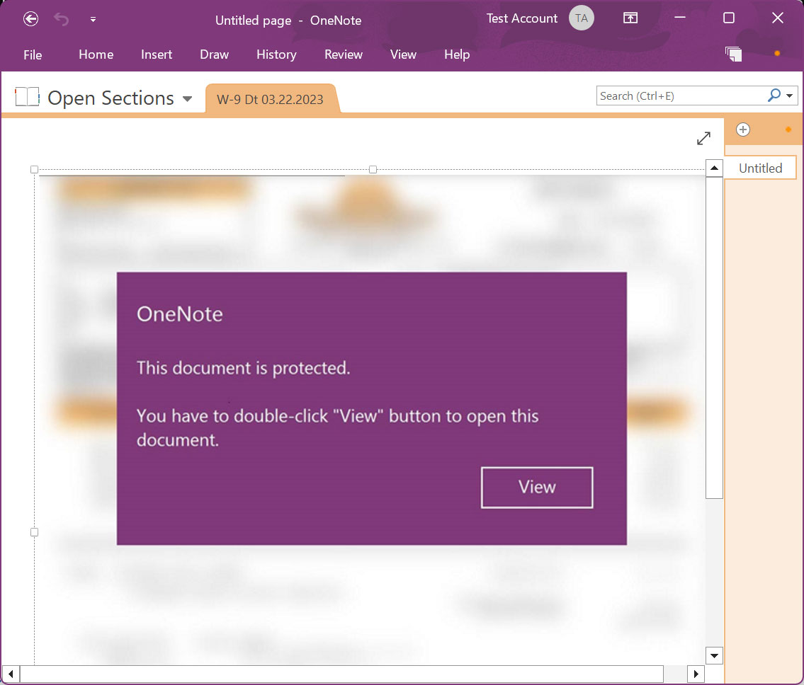 Malicious Microsoft OneNote file masquerading as a W-9 form