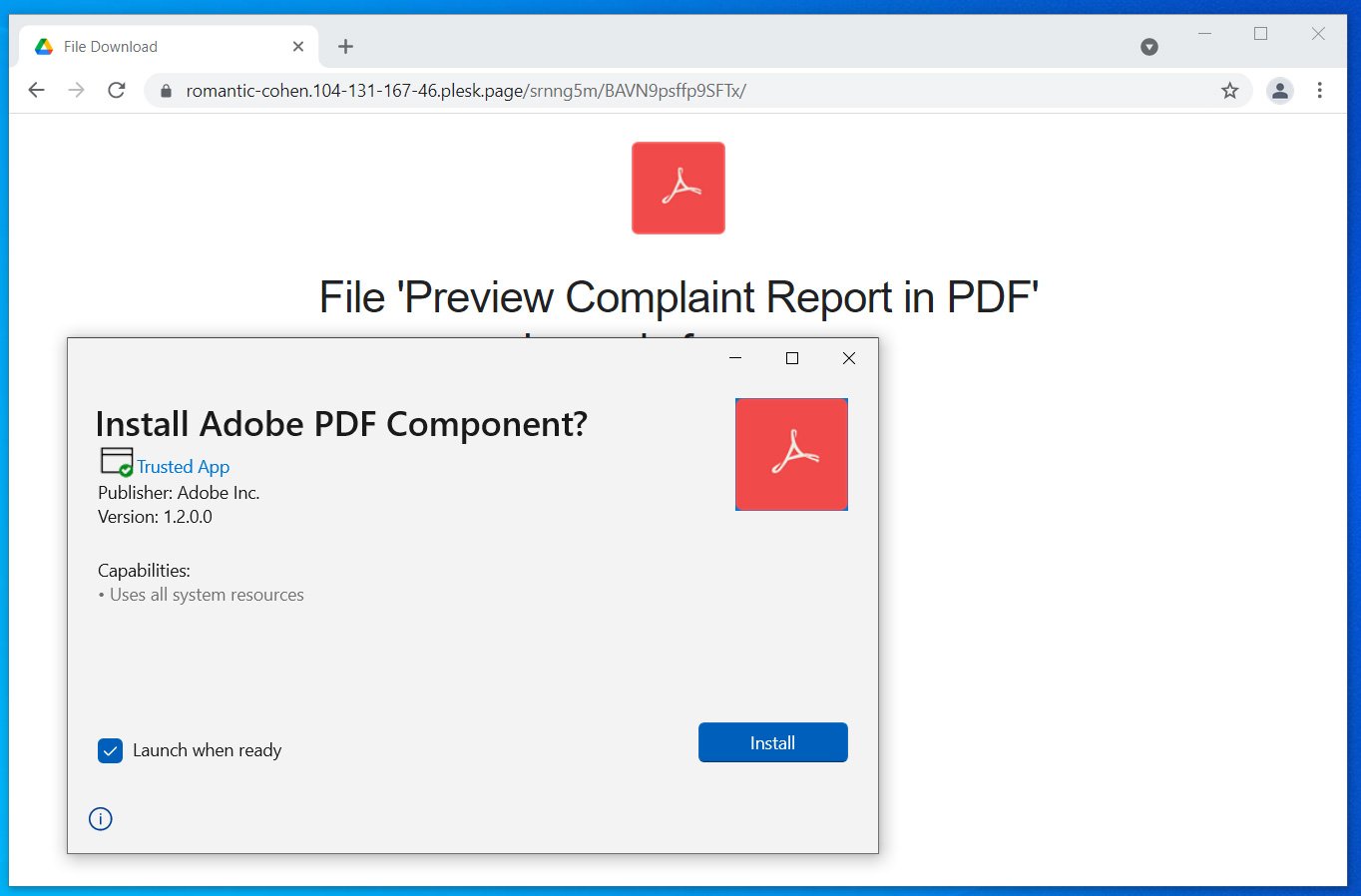 App Installer prompting to install the Fake Adobe PDF Component