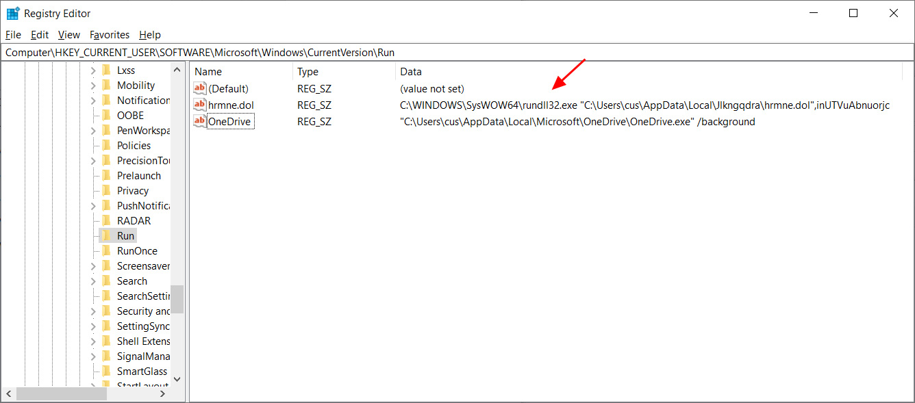 Registry autorun to start Emotet when Windows starts