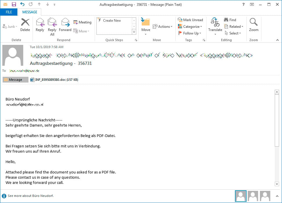 Example of an Emotet reply-chain email