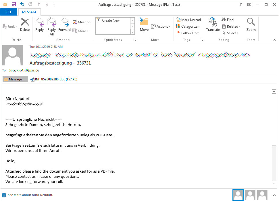 Example of an Emotet reply-chain email