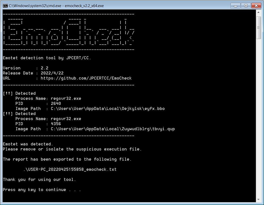 EmoCheck detecting the Emotet malware infection