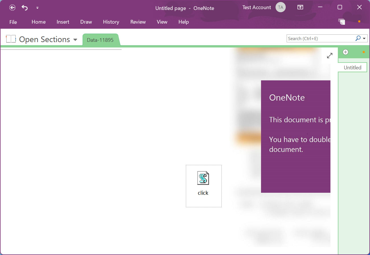 Archivo click.wsf oculto en el documento de Microsoft OneNote