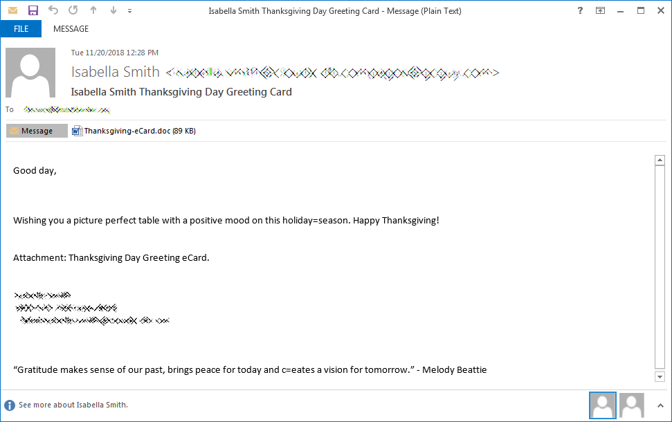 Thanksgiving Day Greeting Card malspam