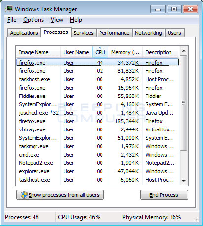 Task Manager Showing Firefox Using 50% of the CPU
