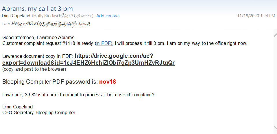 LightBot phishing email sent to BleepingComputer