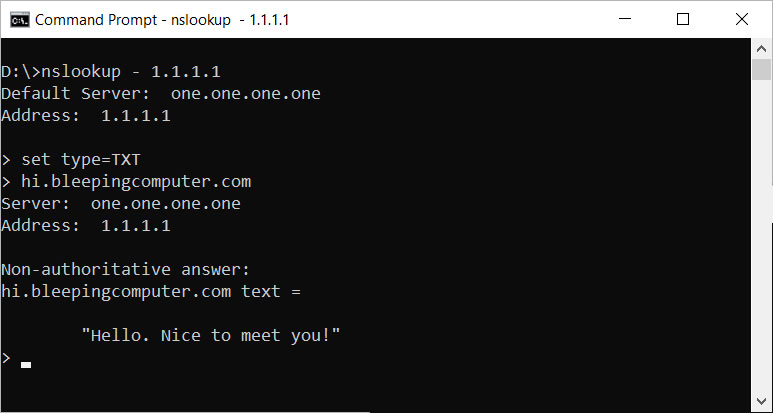 hi.bleepingcomputer.com TXT记录