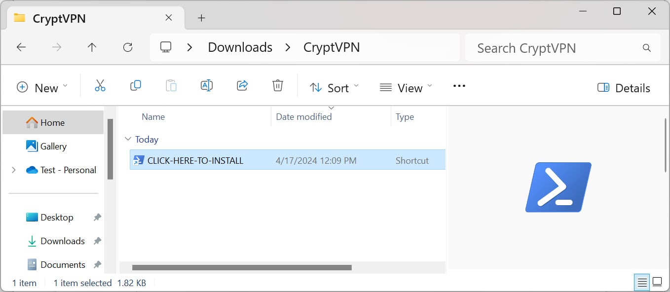 PowerShell shortcut in CryptVPN download