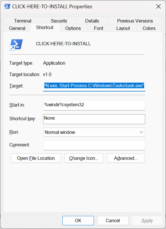 PowerShell command in Windows shortcut