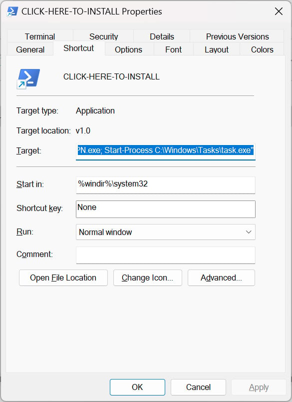 PowerShell command in Windows shortcut