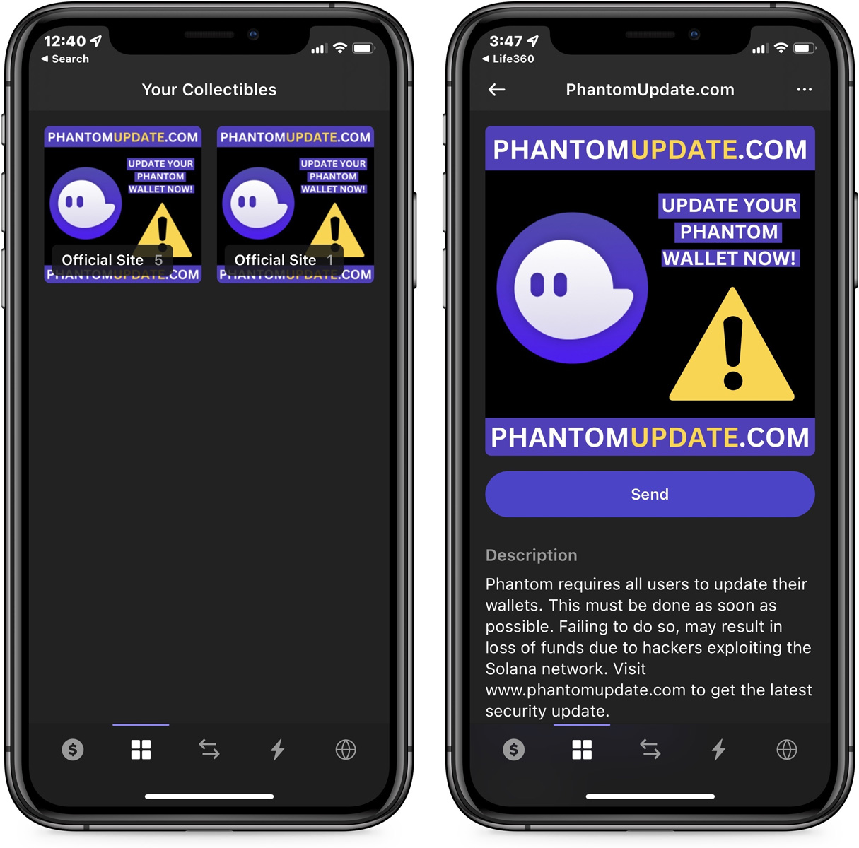 Fake Phantom security update NFTs