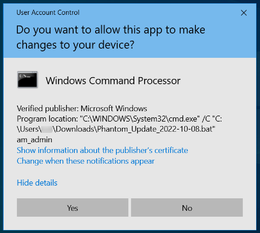 Windows UAC prompt requesting admin privileges