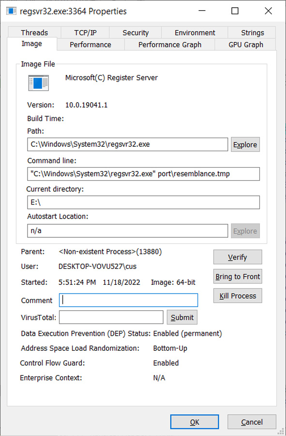 Regsvr32.exe launching the QBot DLL