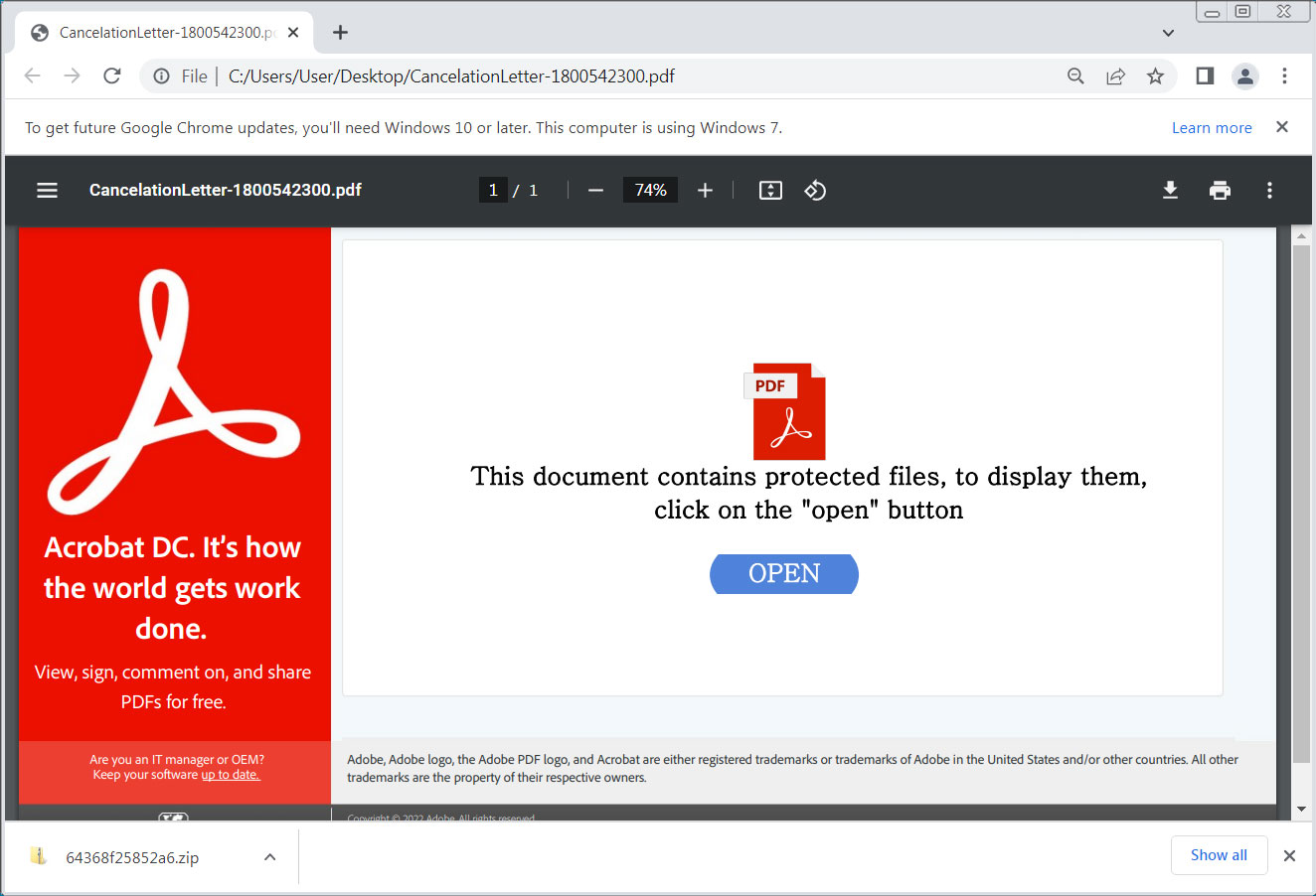 PDF document used to distribute malicious WSF files