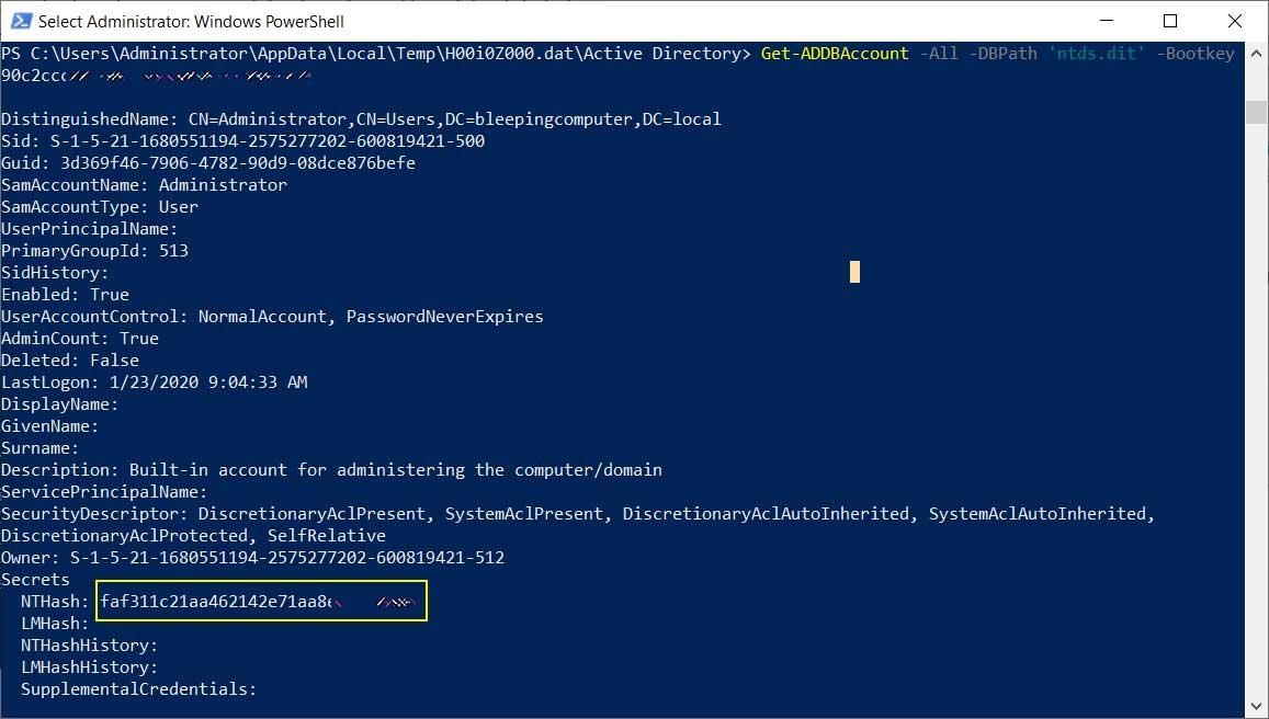 Dumping user password hashes from the ntds.dit file