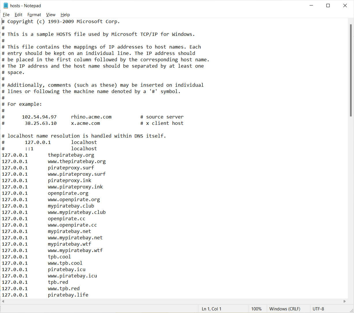 HOSTS file modified by the malware