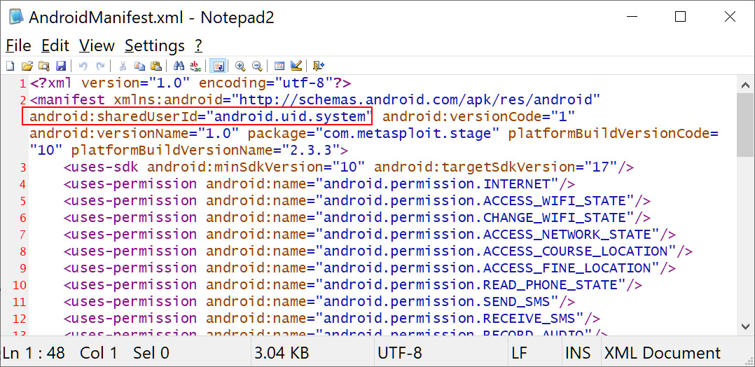 android.uid.system が割り当てられた Android マルウェア アプリの 1 つ