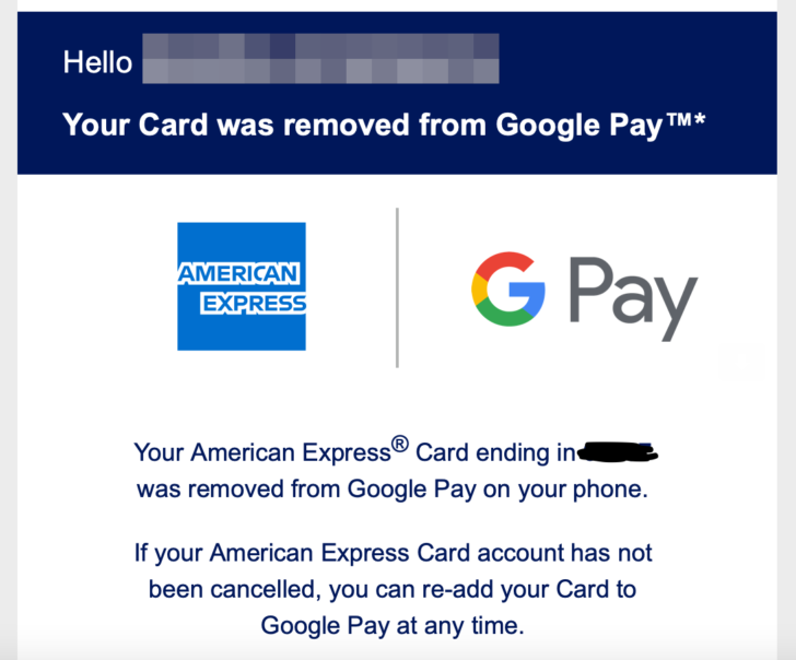 Google Pay email about the removal of American Express card