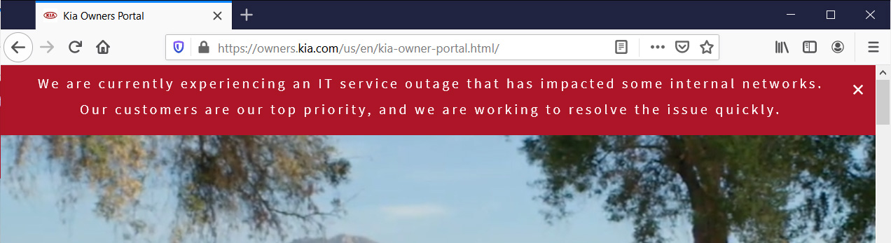 IT outage message on Kia Owners Portal