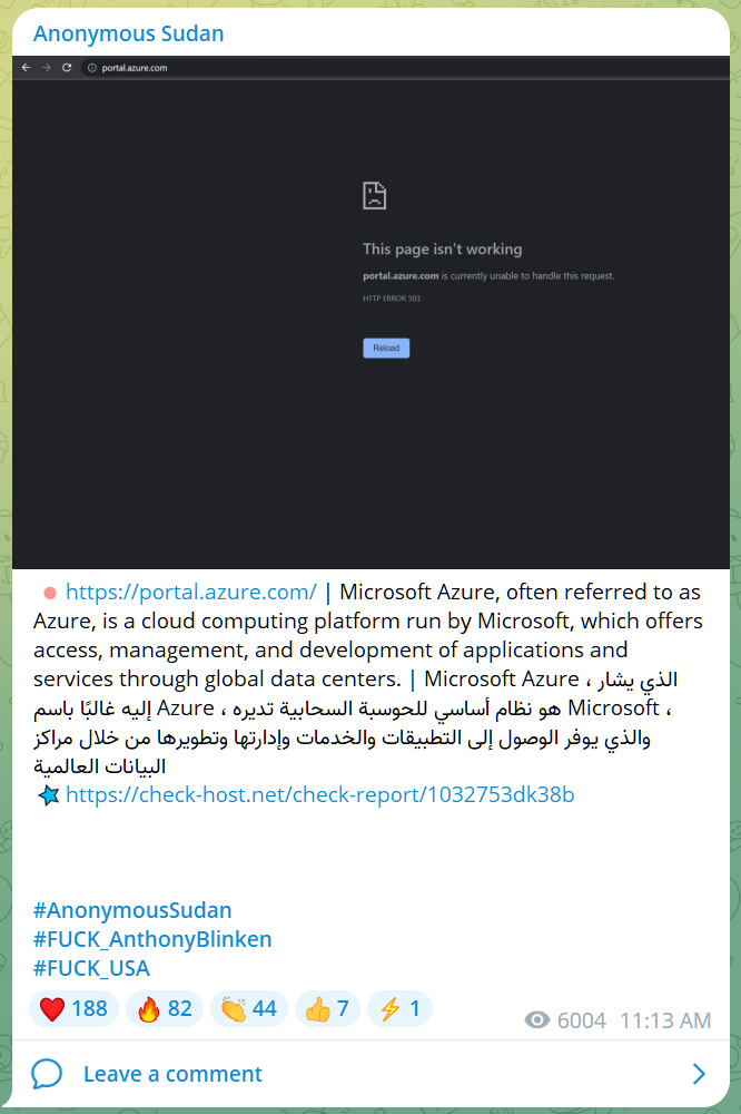 Telegram post by Anonymous Sudan
