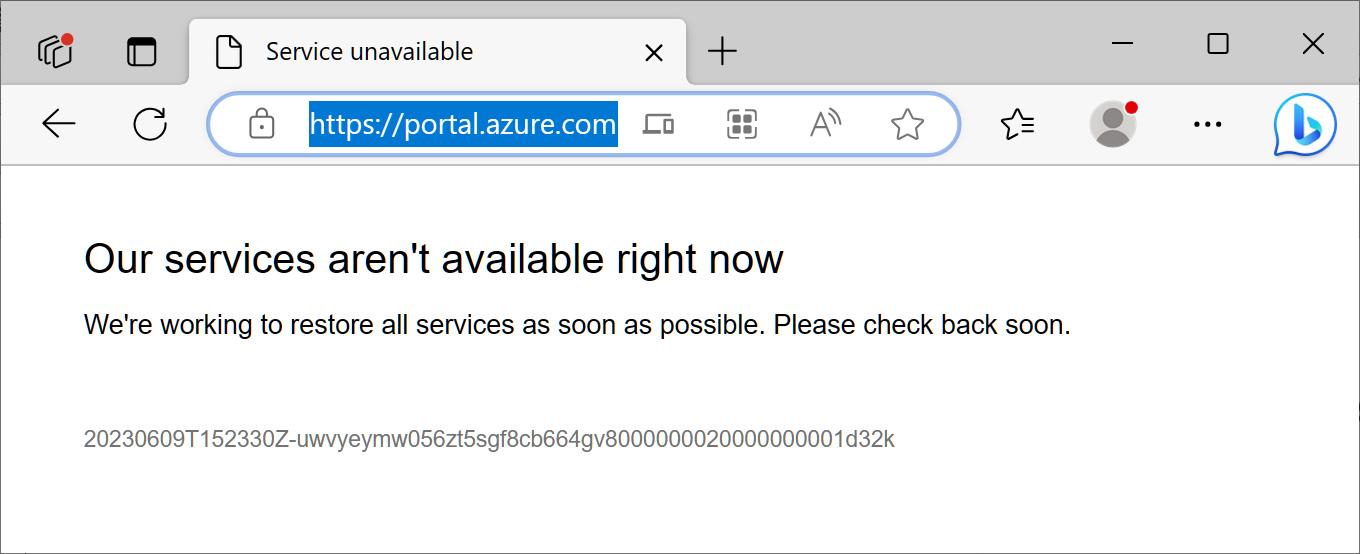 portal.azure.com にアクセスするとエラー メッセージが表示される