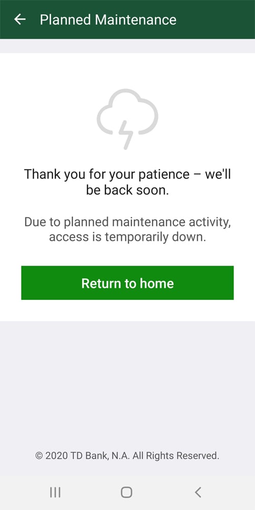 TD Bank mobile app message