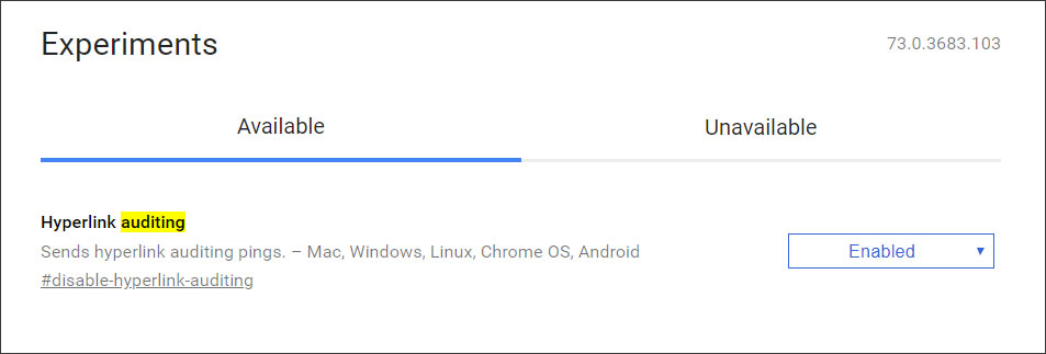 Flag in Chrome to disable hyperlink auditing