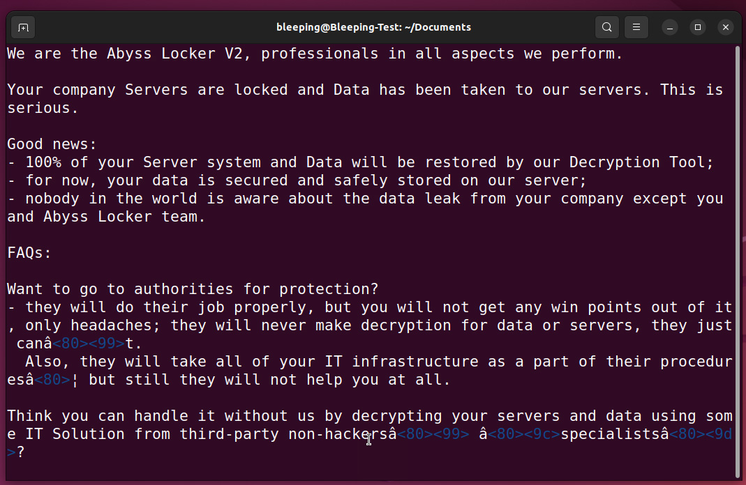 Abyss Locker ransom note