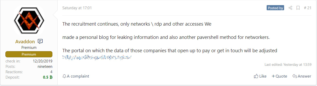 Avaddon post to hacker forum