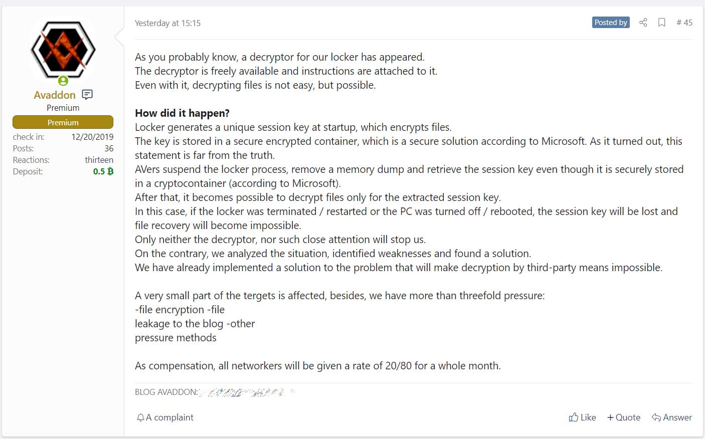 Post by the ransomware dev on a hacker forum