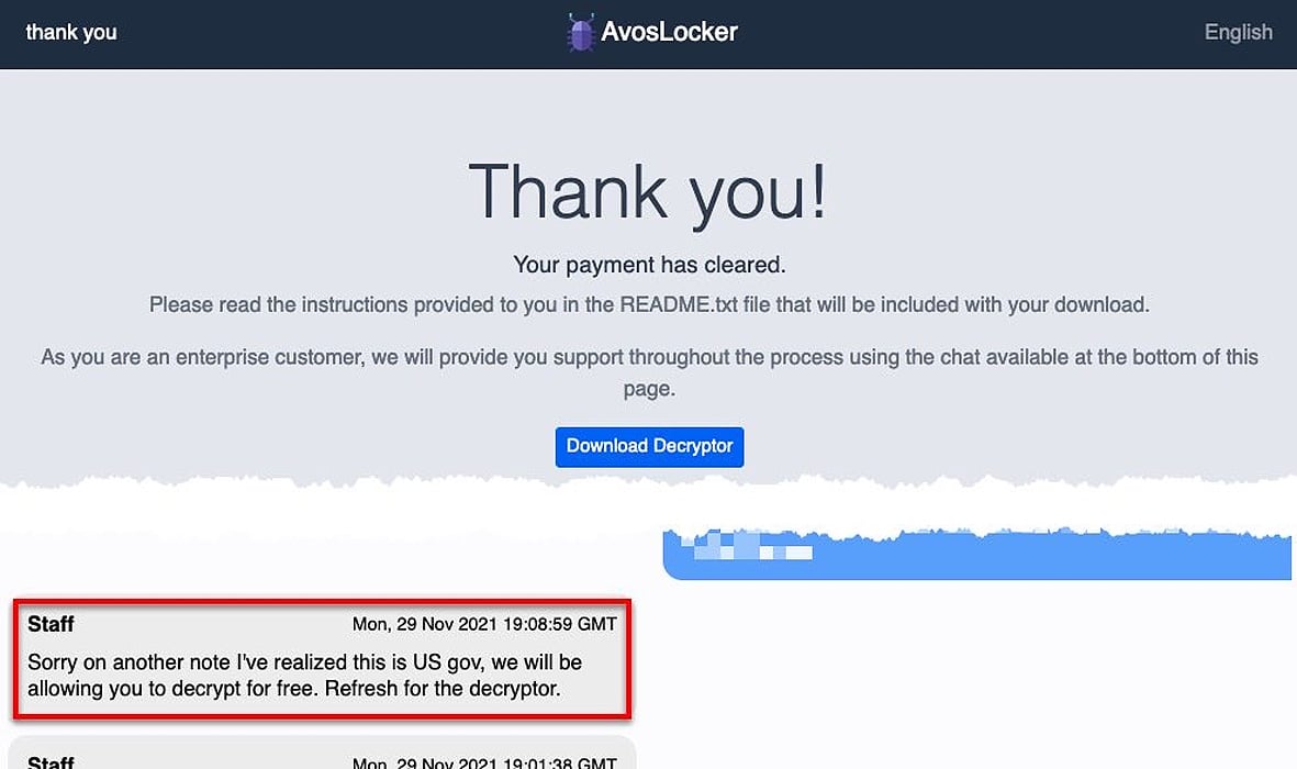 AvosLocker chat screen offering free decryptor