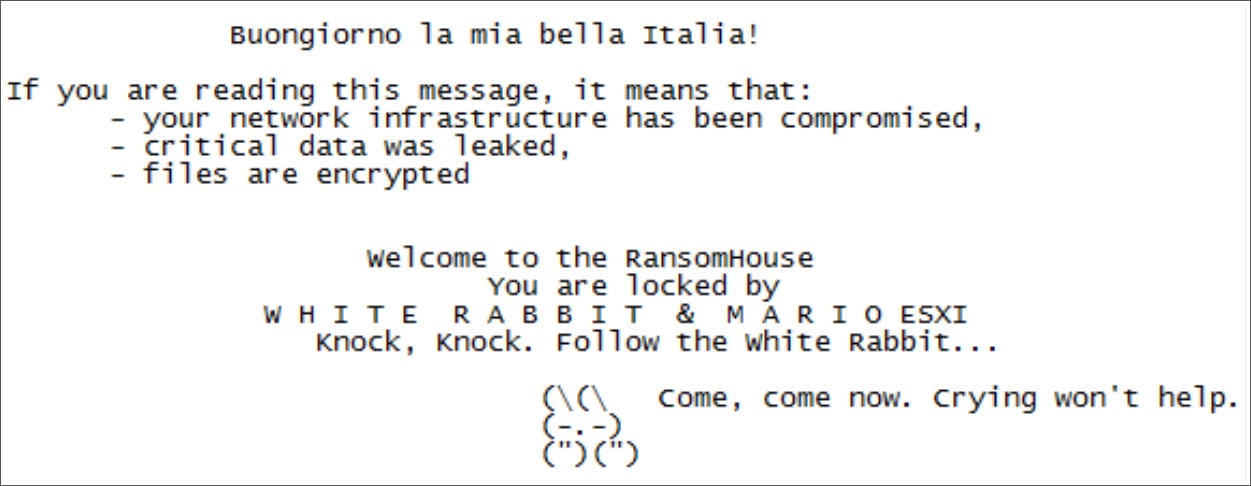 Ransom note dropped by Mario ransomware VMware ESXi encryptor