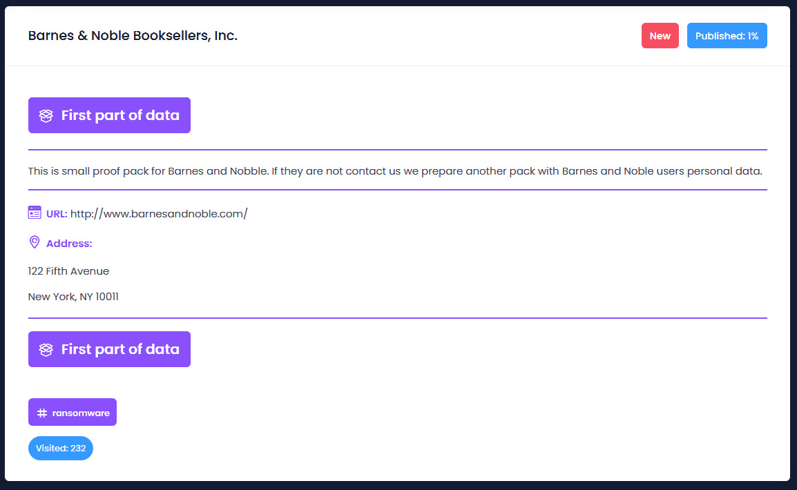 Barnes & Noble data leak on Egregor site