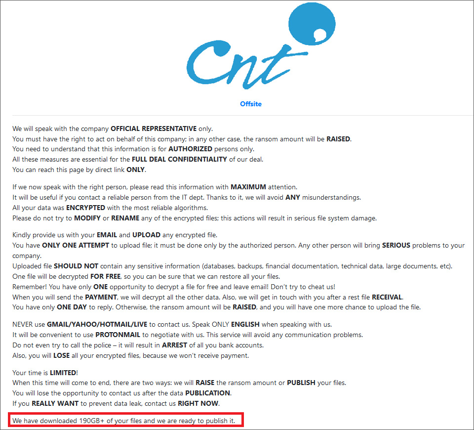 Hidden RansomEXX data leak page for CNT