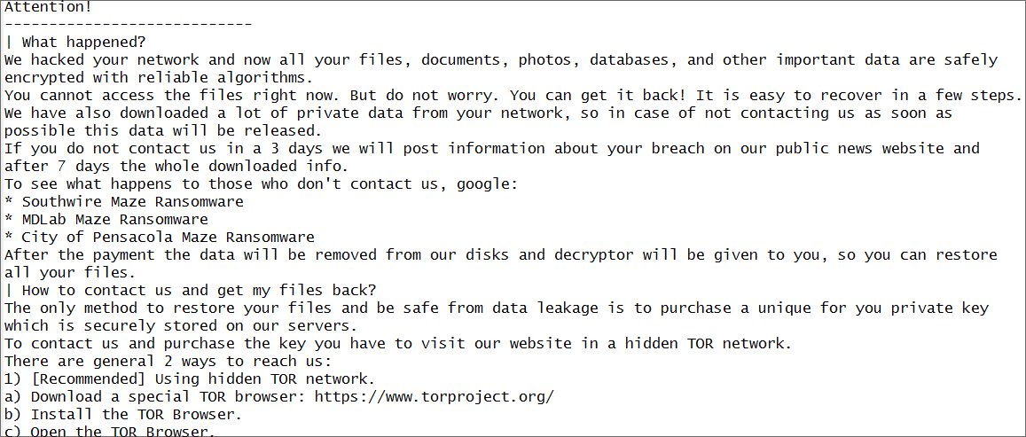 Partial Maze ransomware note