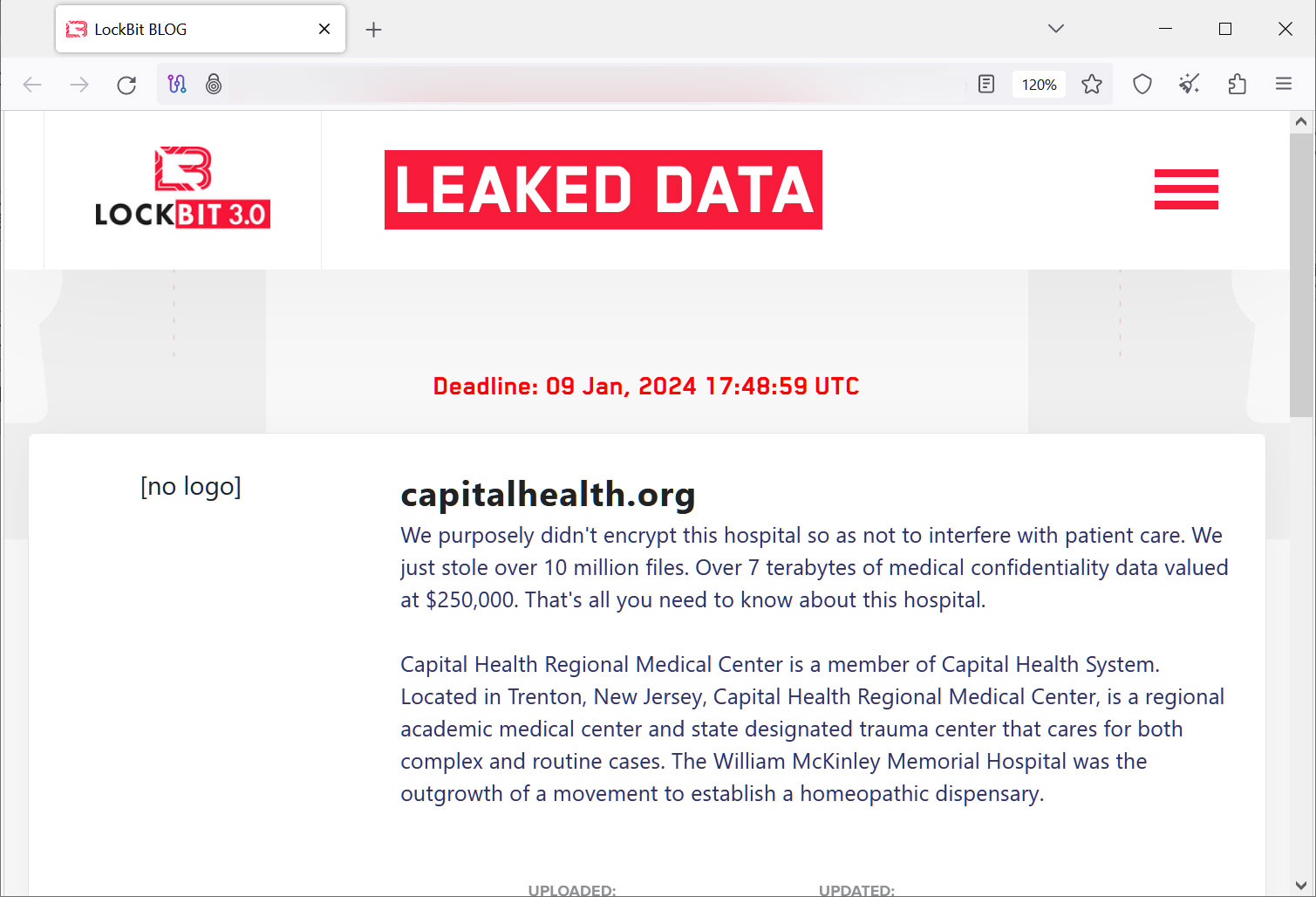 Lockbit data leak site showing Capital Health