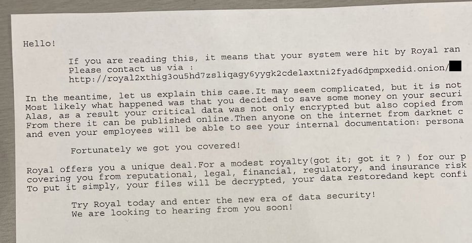 Ransom note pushed through printers on the city's network