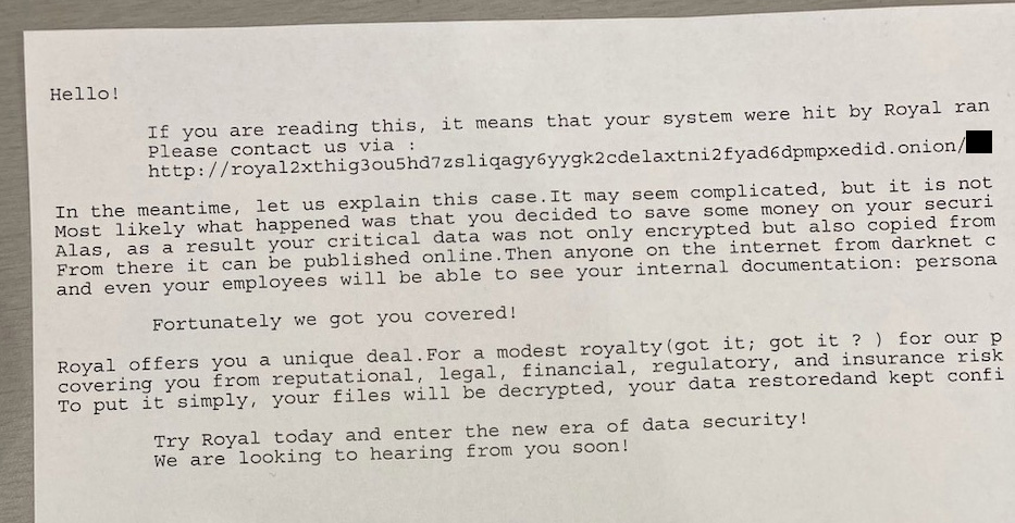 Nota de rescate Royal Ransomware impresa por las impresoras de la ciudad