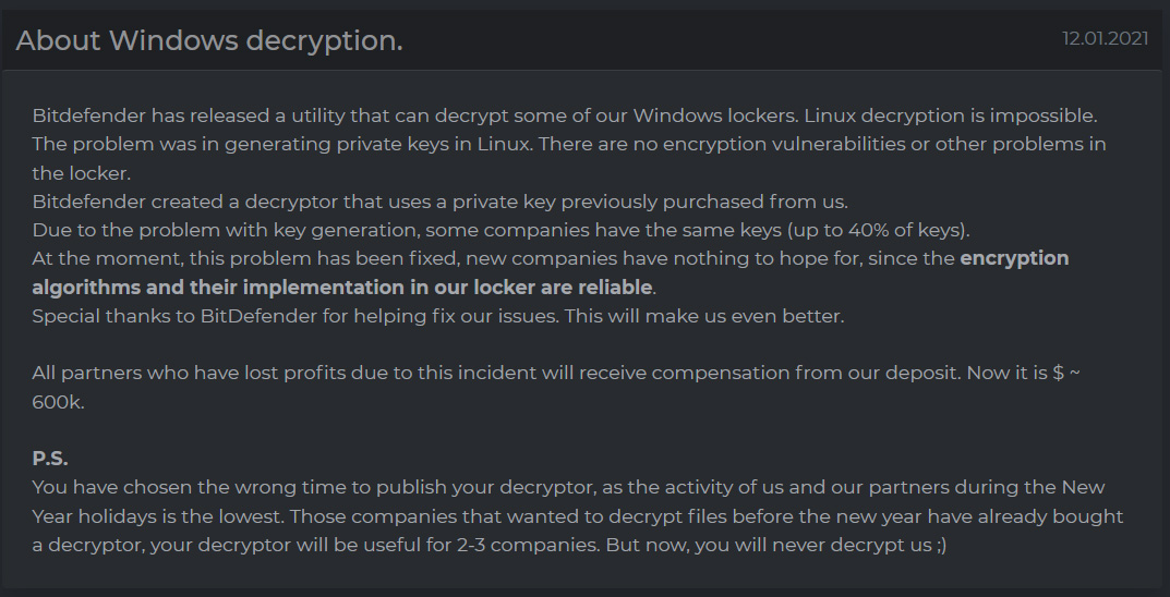 DarkSide statement about Bitdefender's decryptor