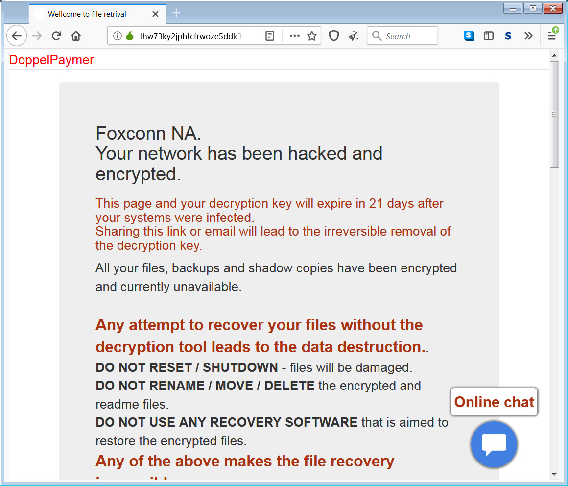 Página de víctimas de Foxconn en el sitio web de DoppelPaymer