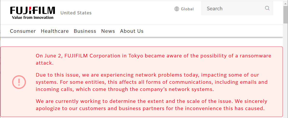 Ransomware attack alert on Fujifilm's site