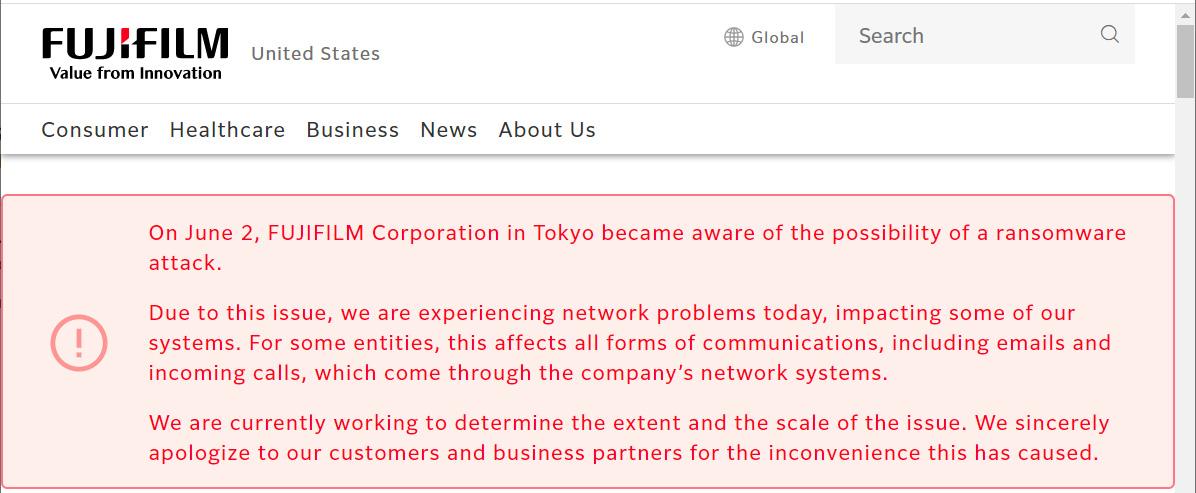 Alert about cyberattack on FujiFilm USA website