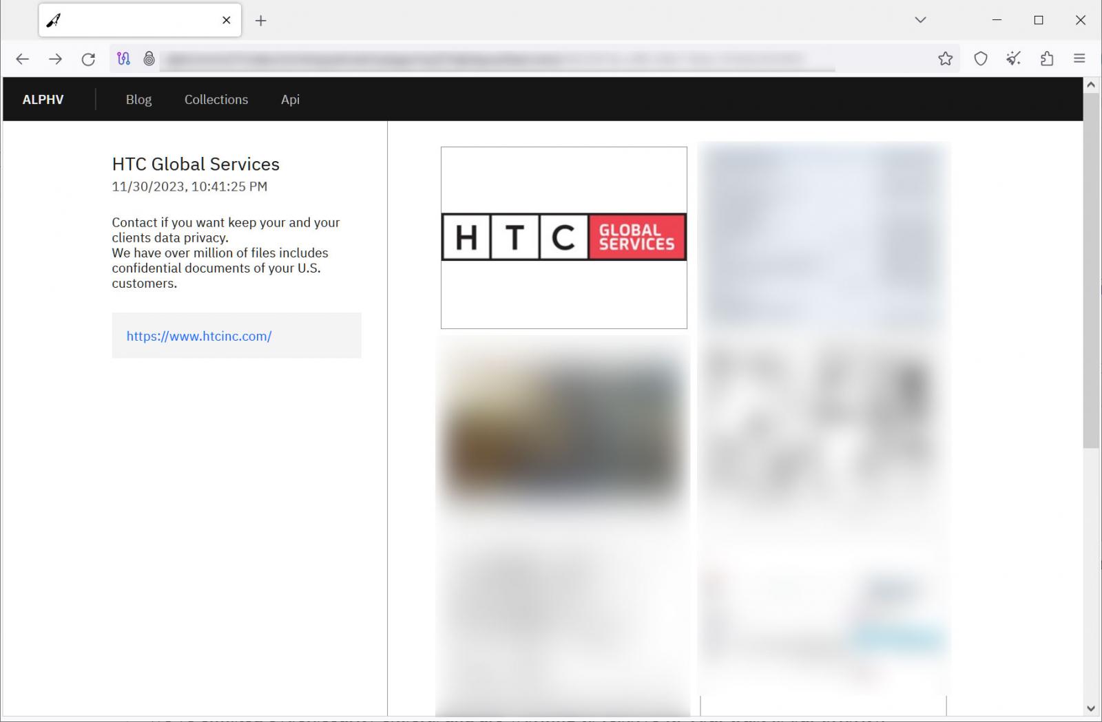 HTC Global Services entry on the ALPHV data leak site