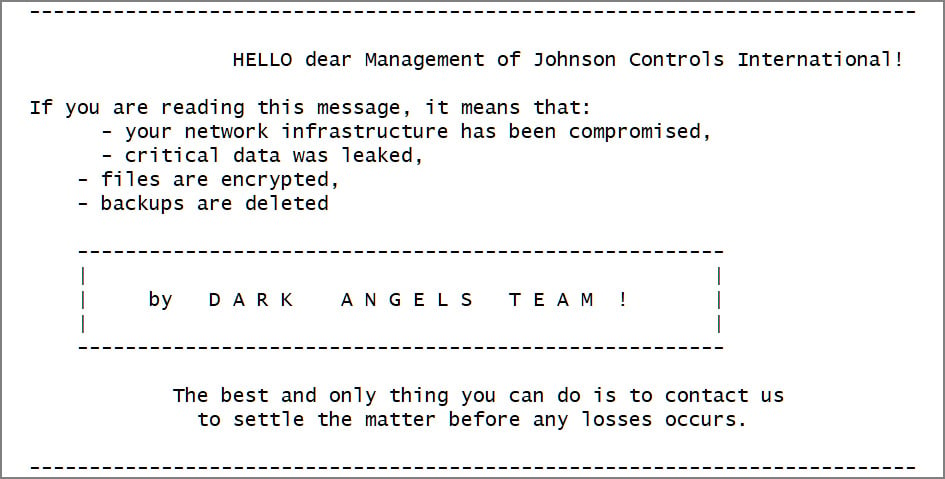 Dark Angels ransom note in Johnson Controls cyberattack