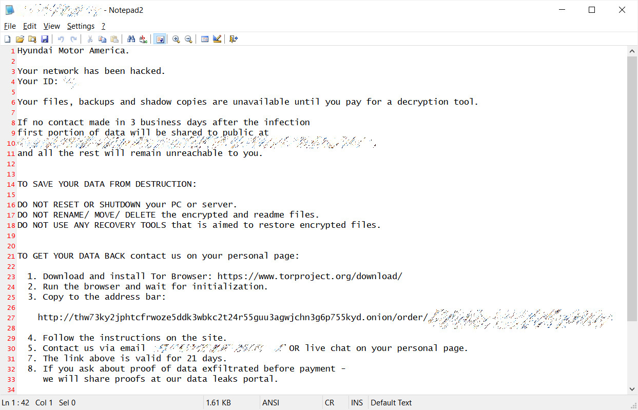 Mensagem deixada pelos cibercriminosos, indicando o link com as informações de pagamento. Foto: Bleeping Computer.