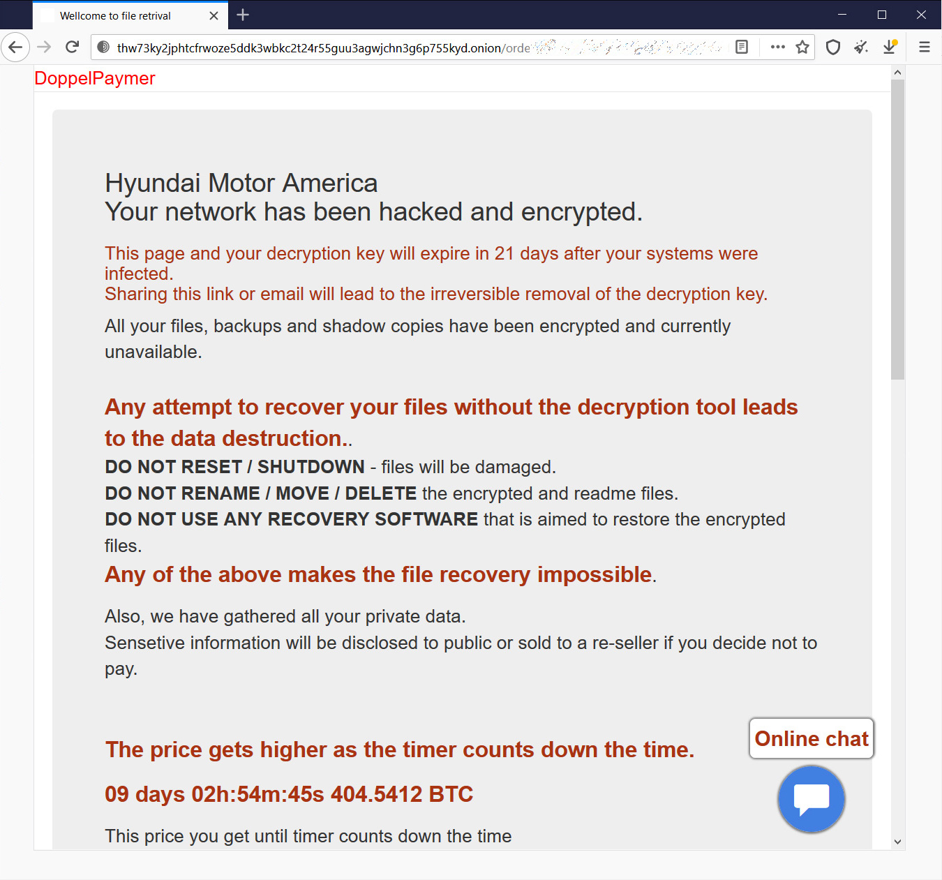 Página de pagamento do Tor para o ataque de ransomware Kia